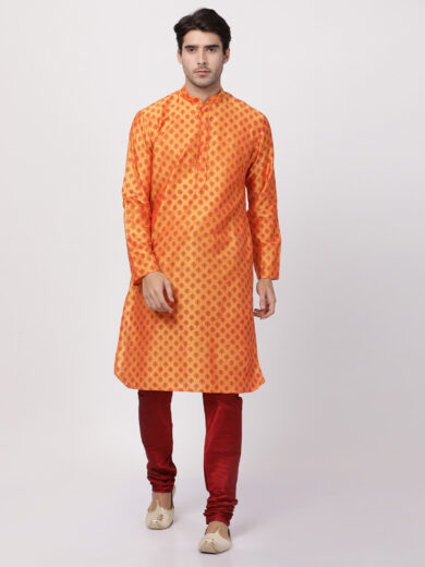 Men's Orange Cotton Blend Kurta Pyjama Set