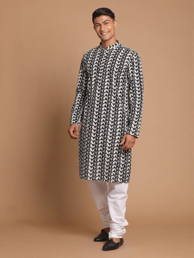 Men's Black And White Pure Cotton Kurta Pyjama Set