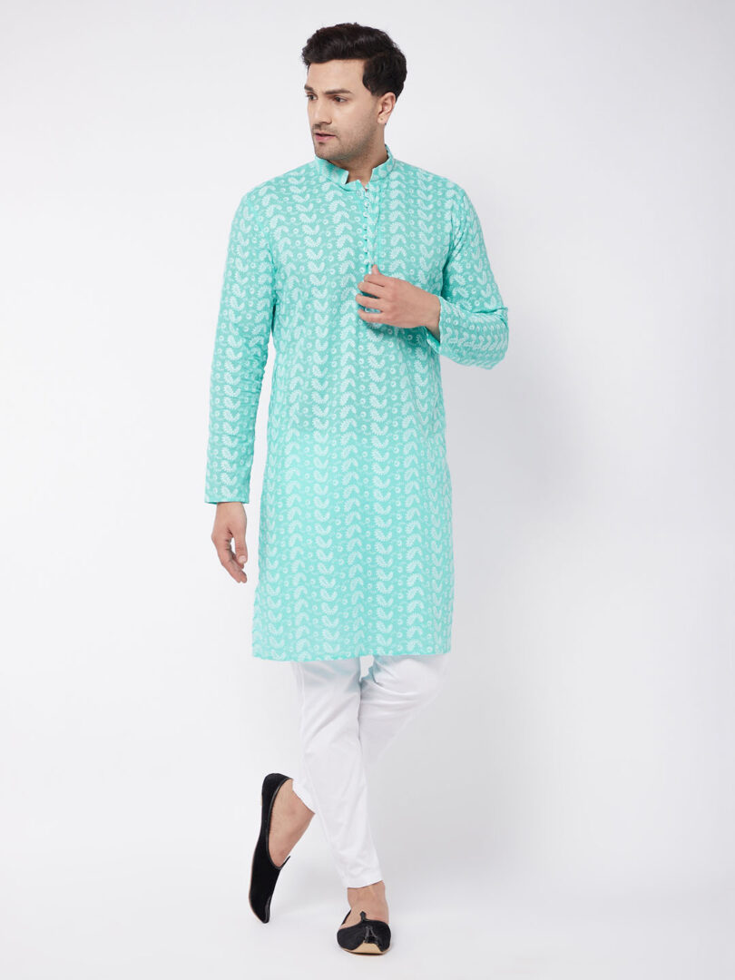 Men's Green And White Pure Cotton Kurta Pyjama Set