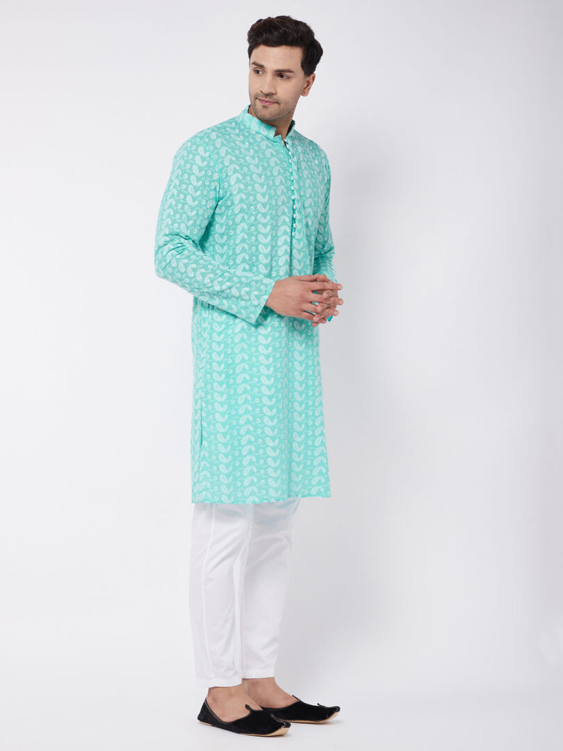 Men's Green And White Pure Cotton Kurta Pyjama Set