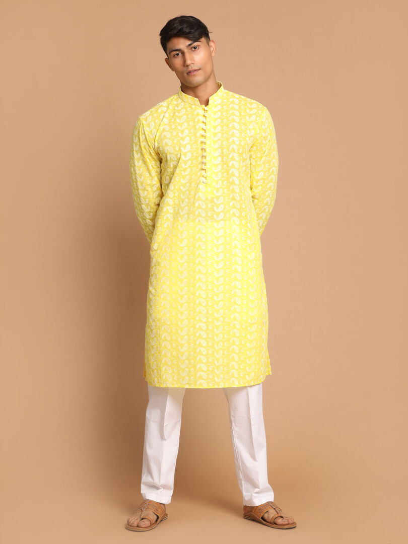 Men's Mustard And White Pure Cotton Kurta Pyjama Set