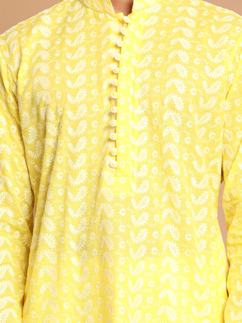 Men's Mustard And White Pure Cotton Kurta Pyjama Set