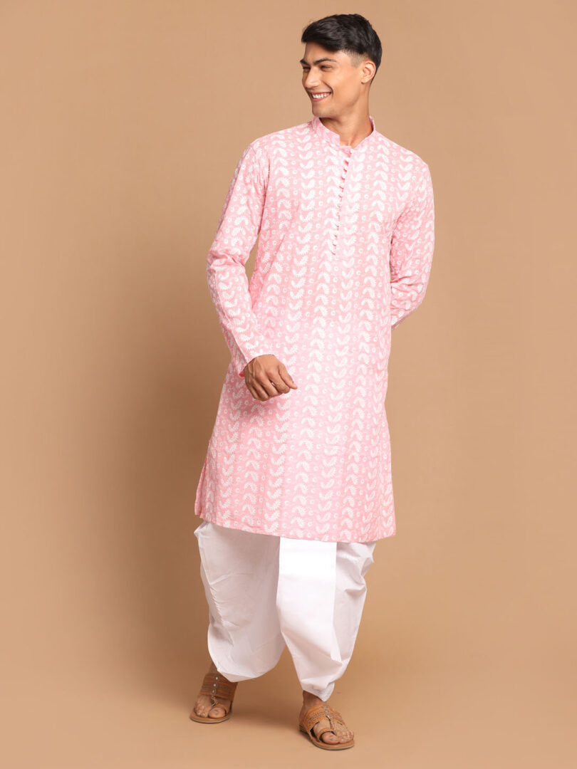 Men's Pink Pure Cotton Kurta And Dhoti Set