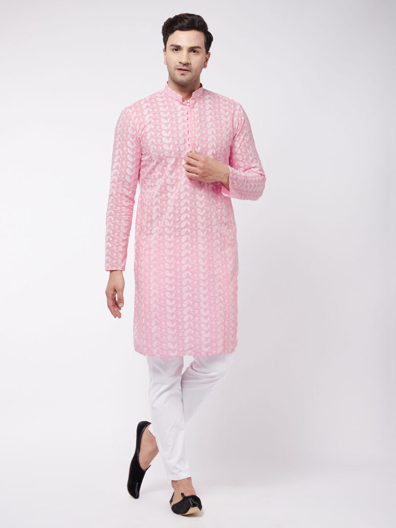 Men's Pink And White Pure Cotton Kurta Pyjama Set