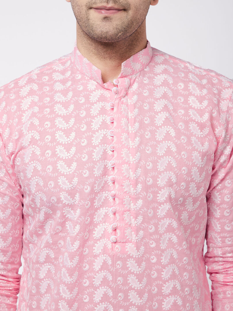 Men's Pink And White Pure Cotton Kurta Pyjama Set