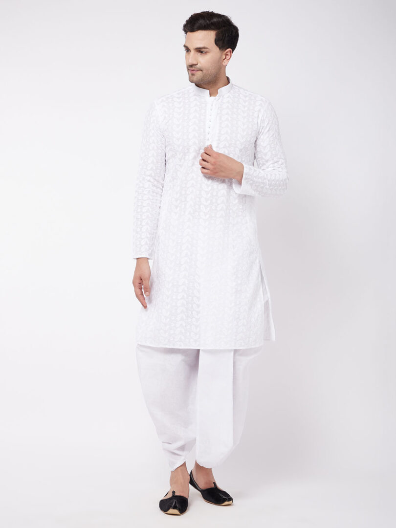 Men's White Pure Cotton Kurta And Dhoti Set