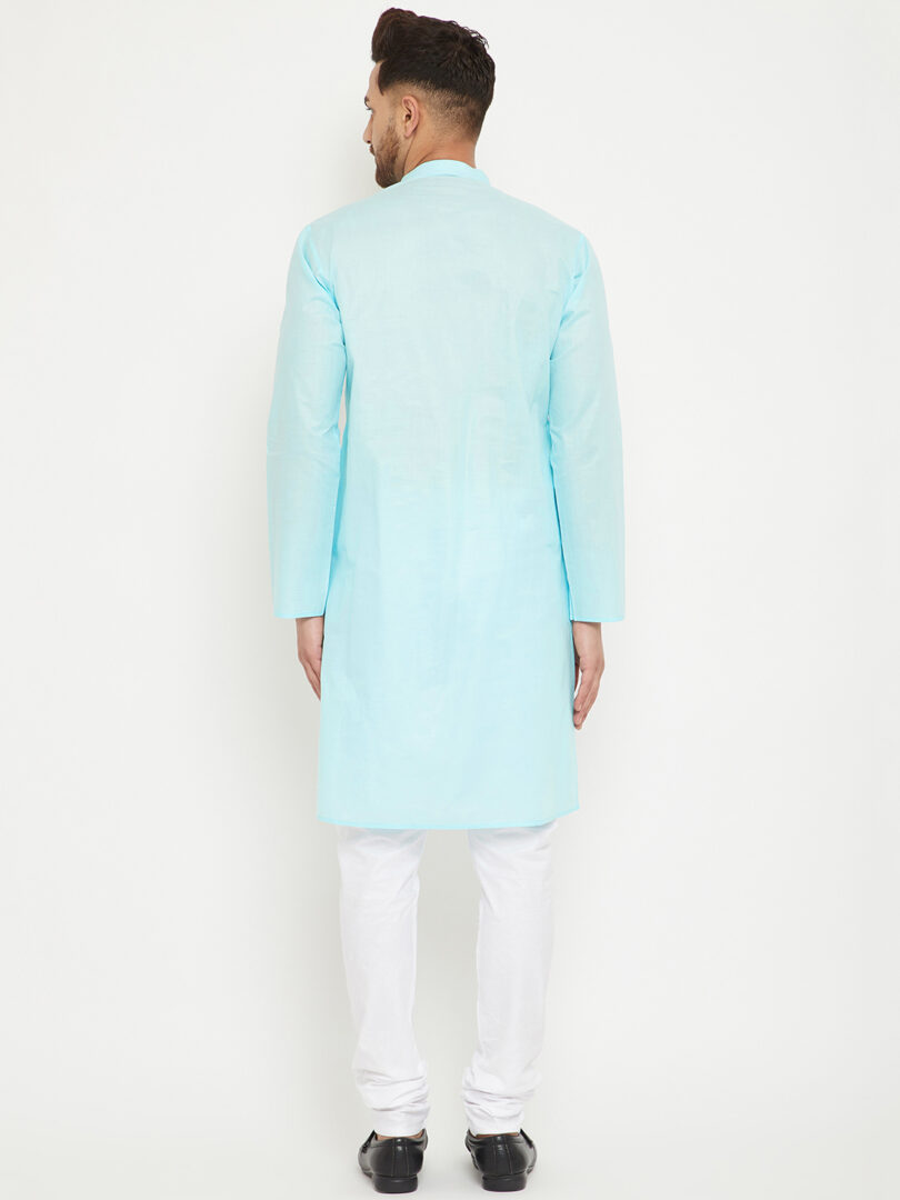 Men's Aqua Blue And White Cotton Kurta Pyjama Set