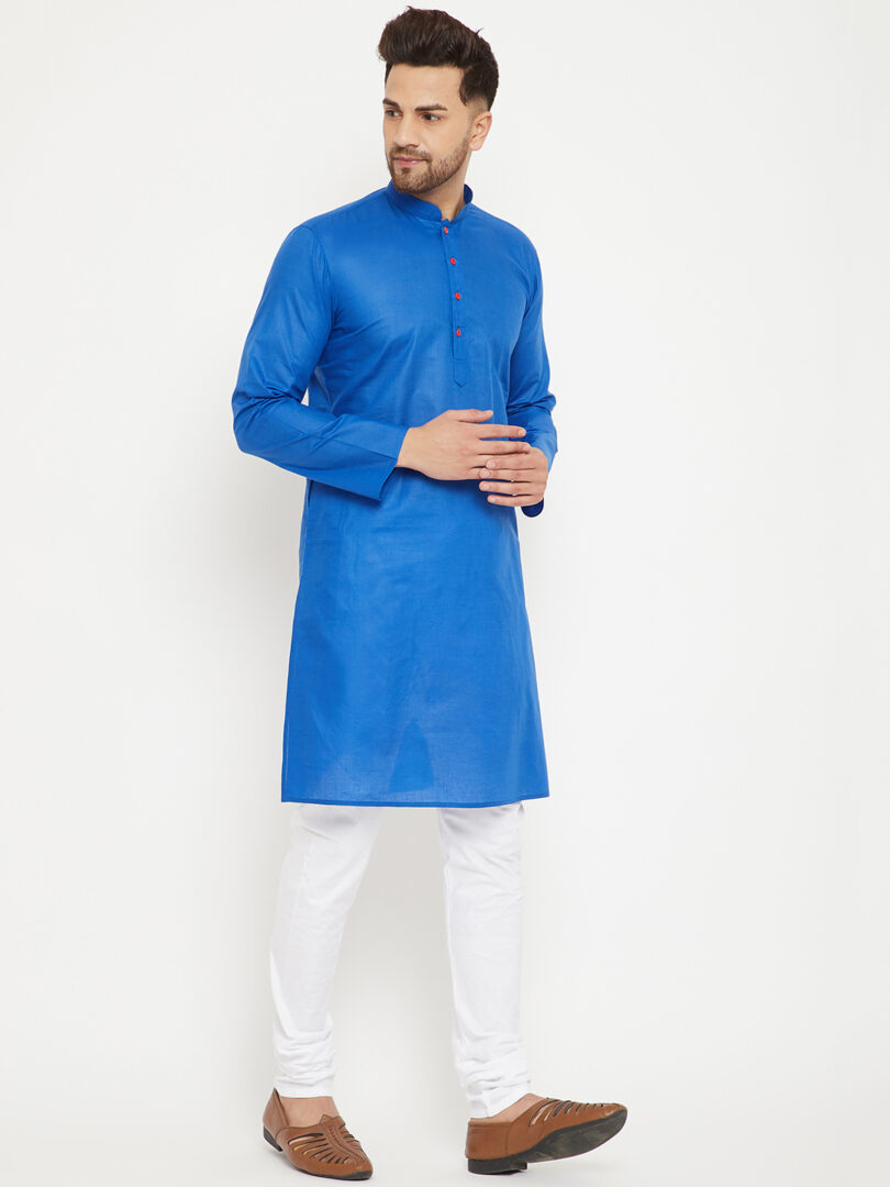 Men's Blue And White Cotton Kurta Pyjama Set