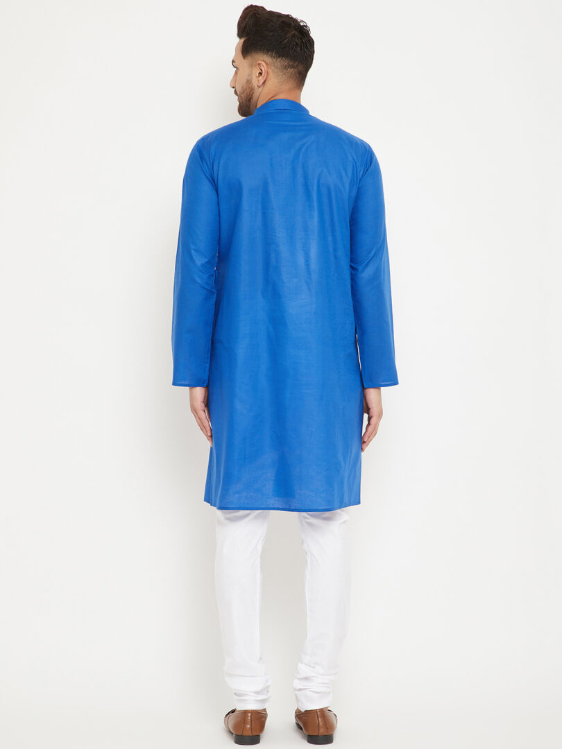 Men's Blue And White Cotton Kurta Pyjama Set