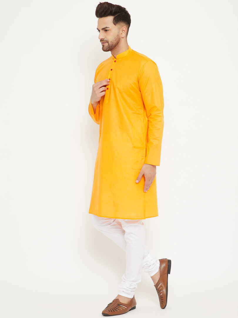 Men's Orange And White Cotton Kurta Pyjama Set