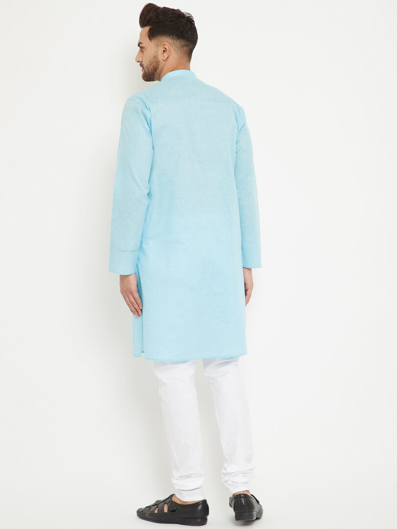 Men's Aqua Blue And White Cotton Blend Kurta Pyjama Set