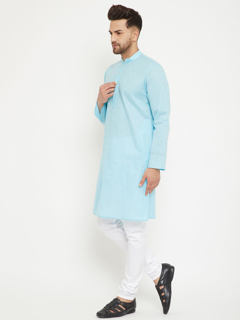Men's Aqua Blue And White Cotton Blend Kurta Pyjama Set