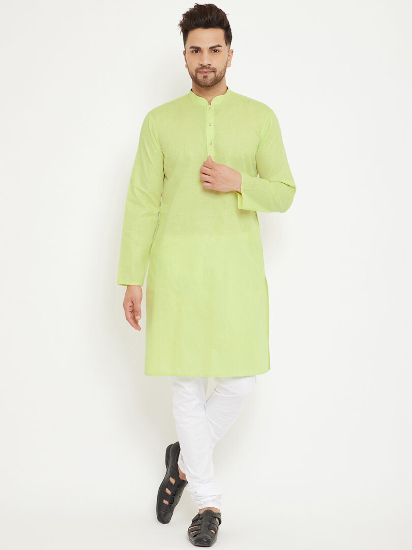 Men's Green And White Cotton Blend Kurta Pyjama Set