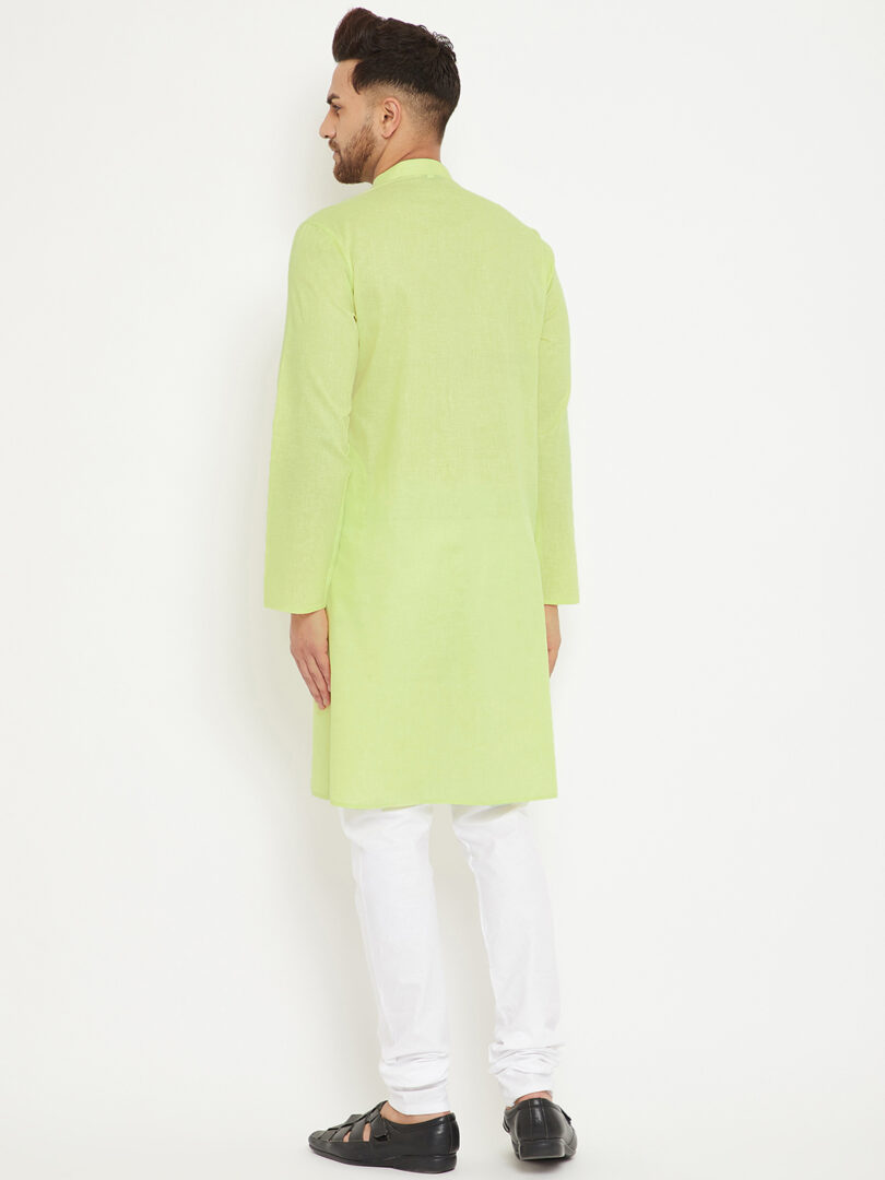 Men's Green And White Cotton Blend Kurta Pyjama Set