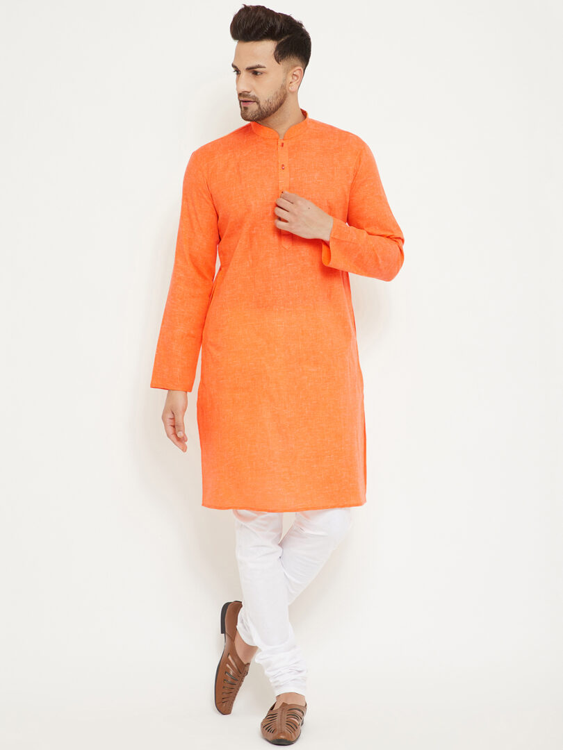 Men's Orange And White Cotton Blend Kurta Pyjama Set