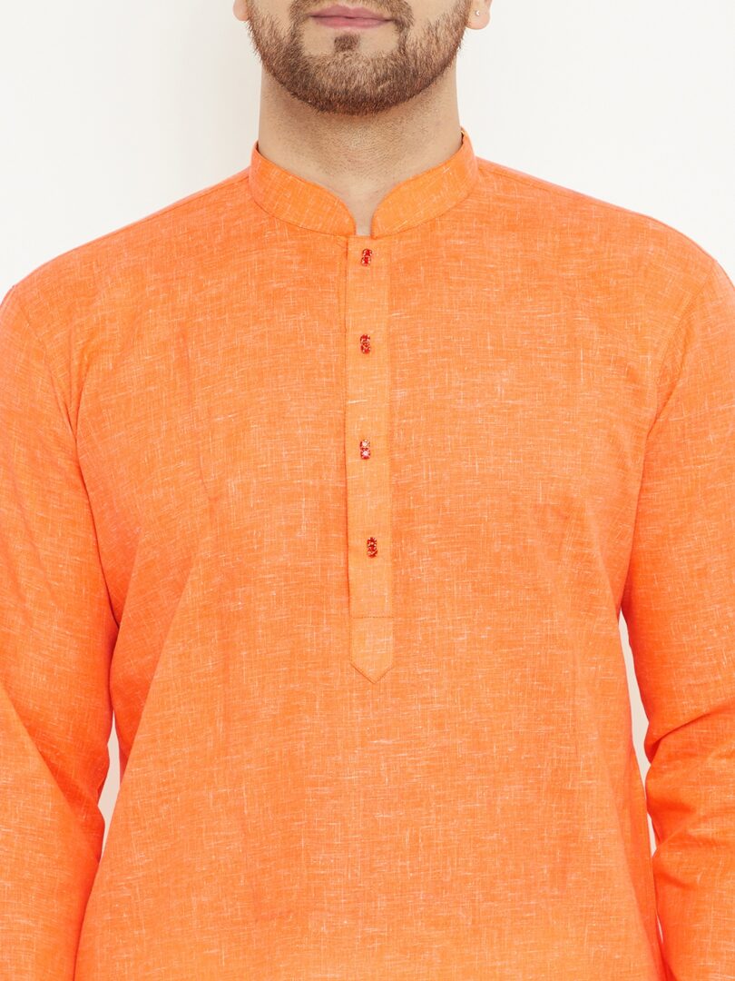 Men's Orange And White Cotton Blend Kurta Pyjama Set
