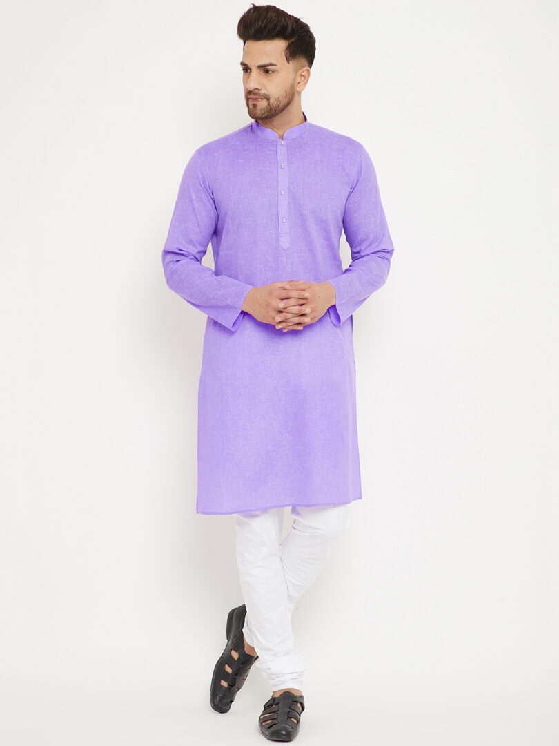 Men's Purple And White Cotton Blend Kurta Pyjama Set