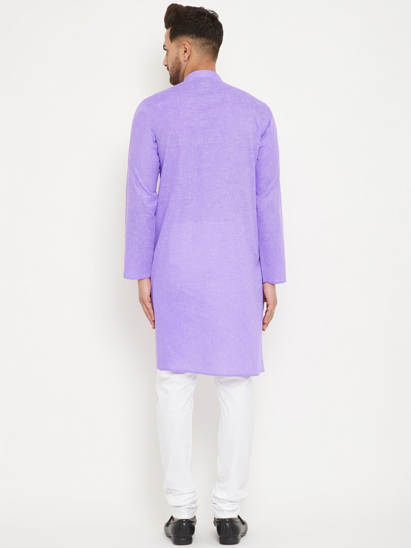 Men's Purple And White Cotton Blend Kurta Pyjama Set