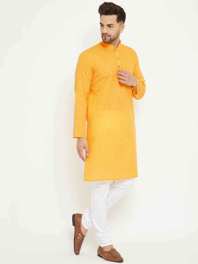 Men's Yellow And White Cotton Blend Kurta Pyjama Set