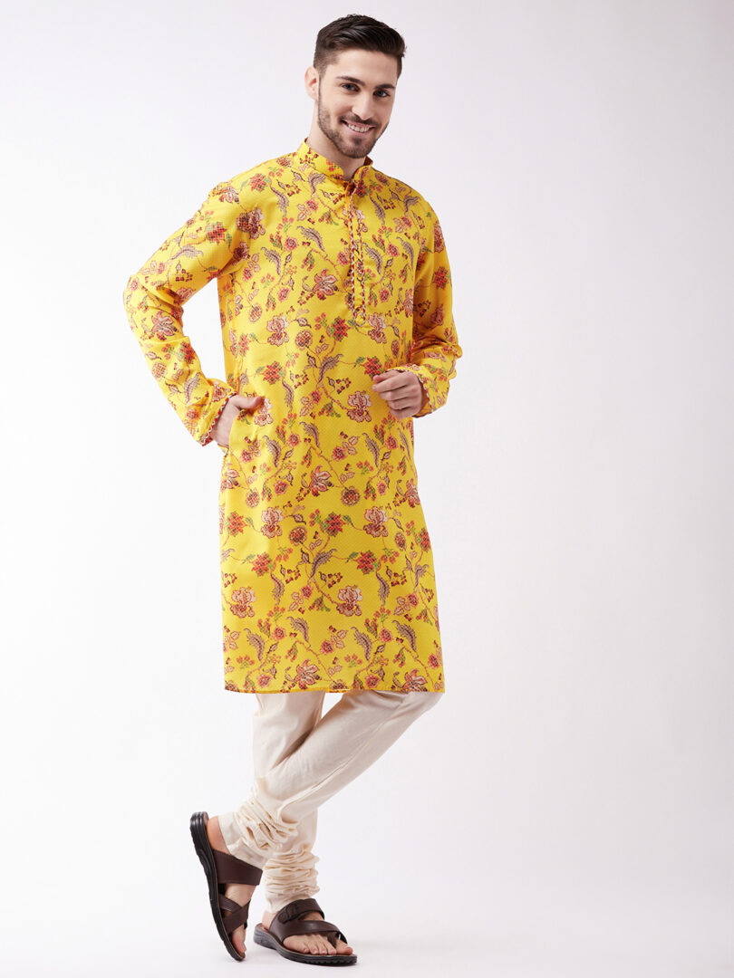 Men's Floral Printed Multicolor-Base-Yellow Silk Blend Kurta And Pyjama Set