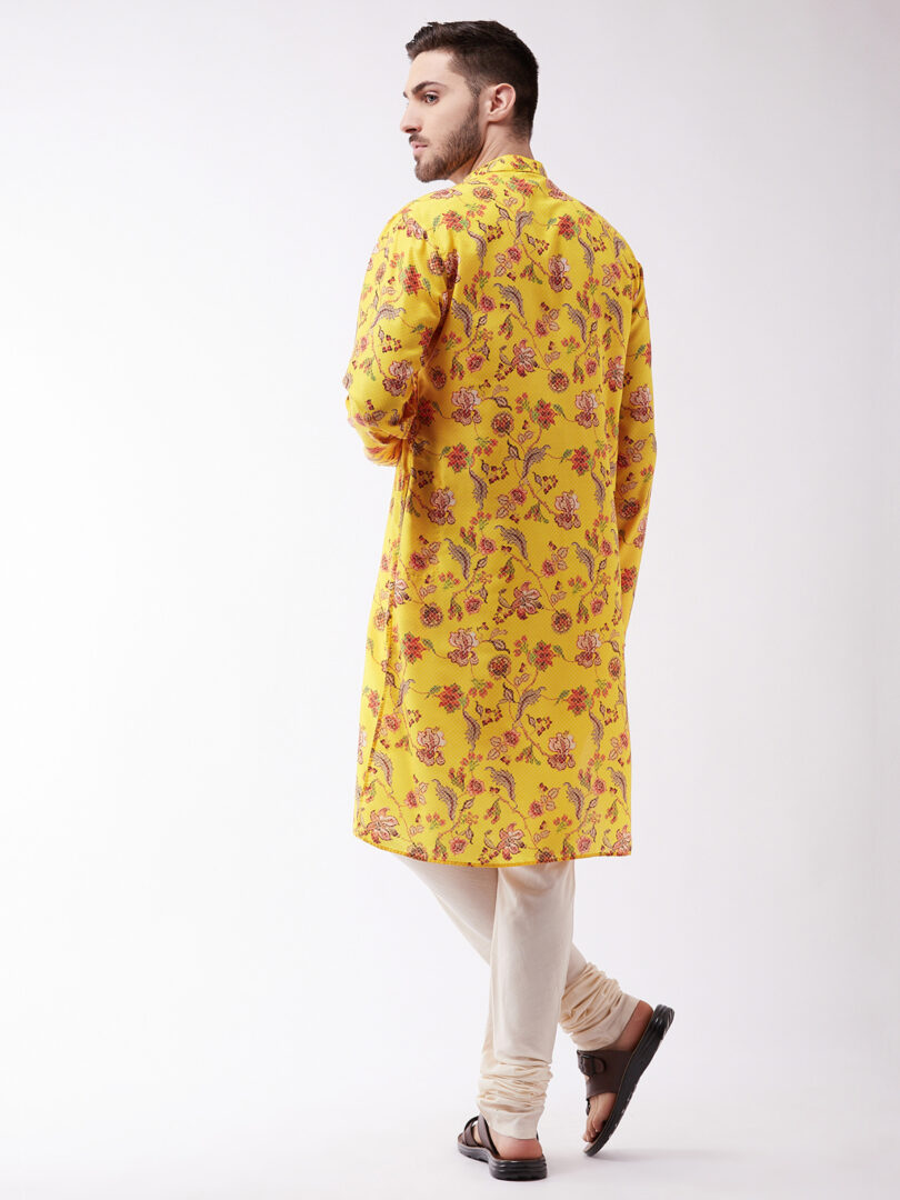 Men's Floral Printed Multicolor-Base-Yellow Silk Blend Kurta And Pyjama Set