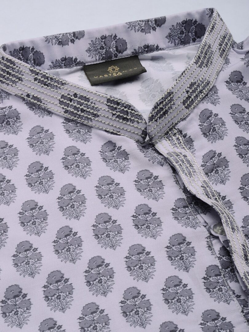 Men's Grey And White Cotton Blend Kurta Pyjama Set