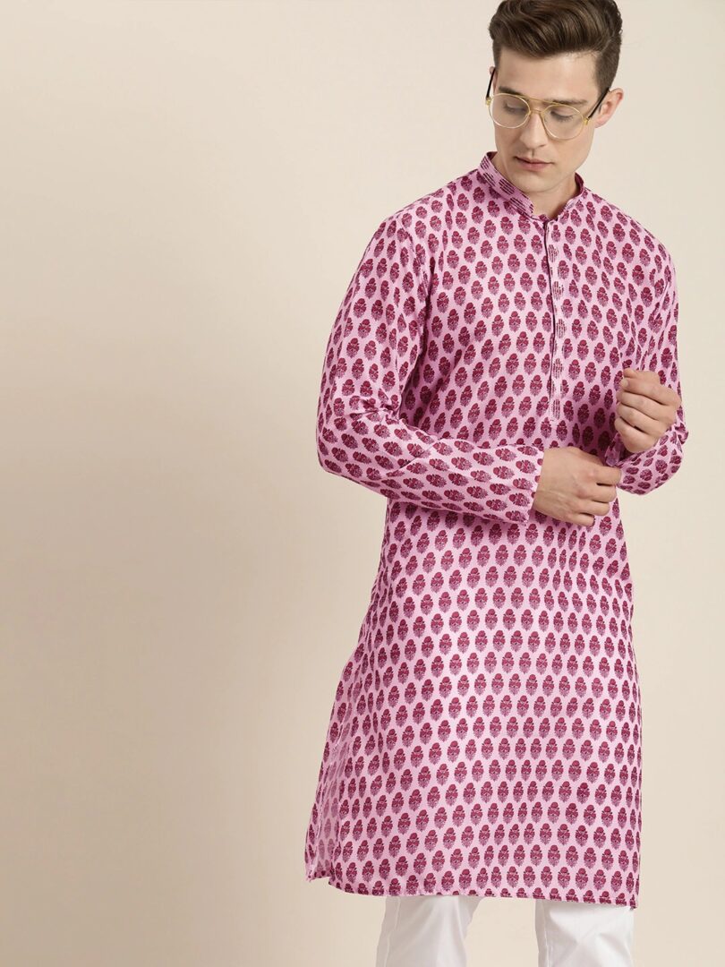 Men's Pink And White Cotton Blend Kurta Pyjama Set
