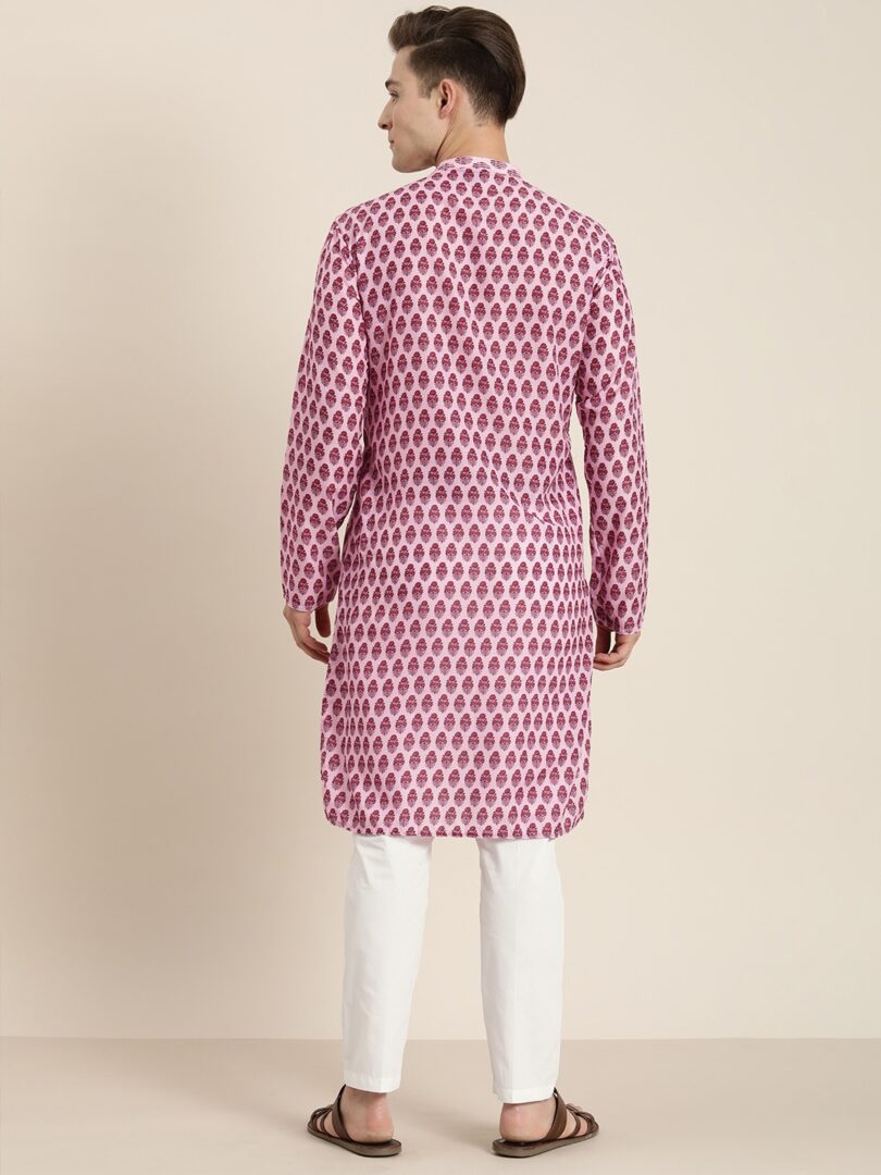 Men's Pink And White Cotton Blend Kurta Pyjama Set