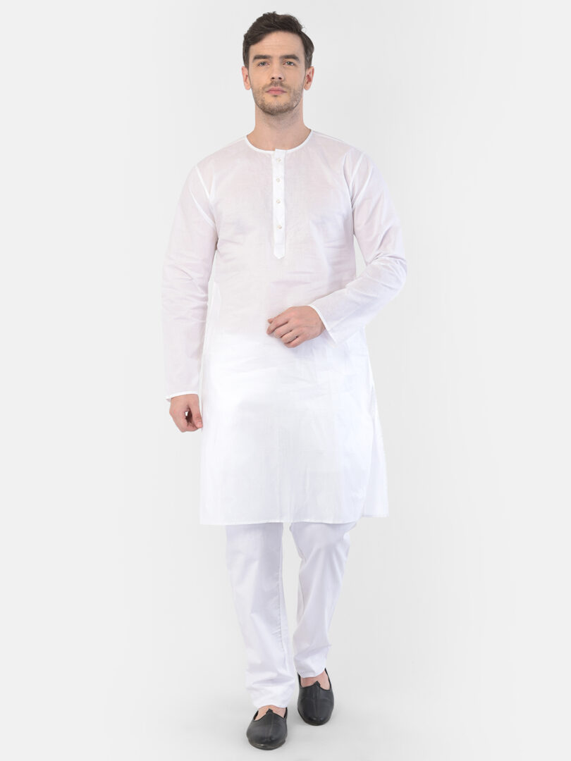 Men's White Cotton Addi Kurta Pyjama Set