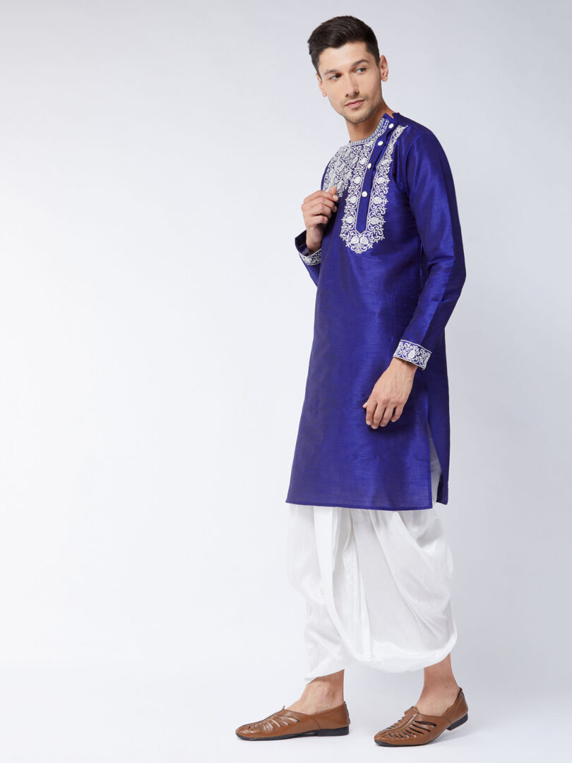 Men's Blue And White Silk Blend Kurta And Dhoti Set