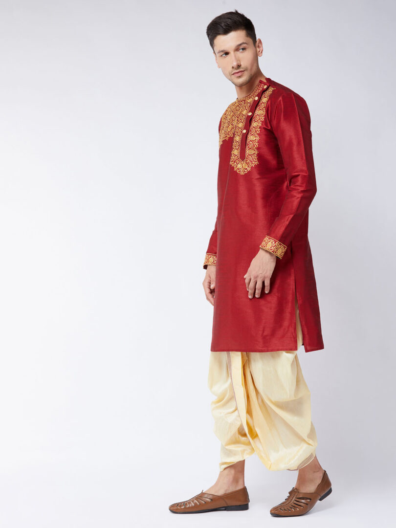 Men's Maroon And Gold Silk Blend Kurta And Dhoti Set