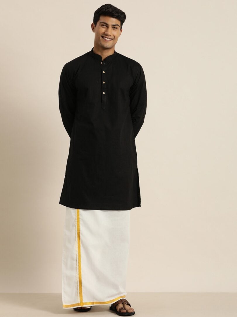 Men's Black and White Cotton Blend Kurta And Mundu Set