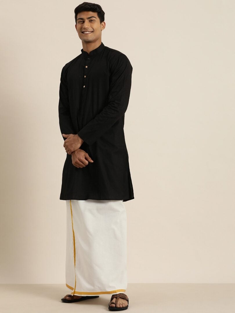 Men's Black and White Cotton Blend Kurta And Mundu Set