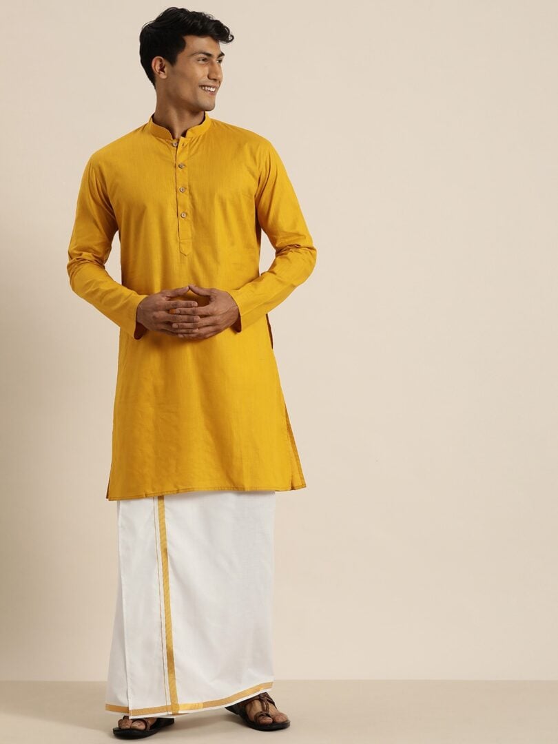 Men's Mustard and White Cotton Blend Kurta And Mundu Set