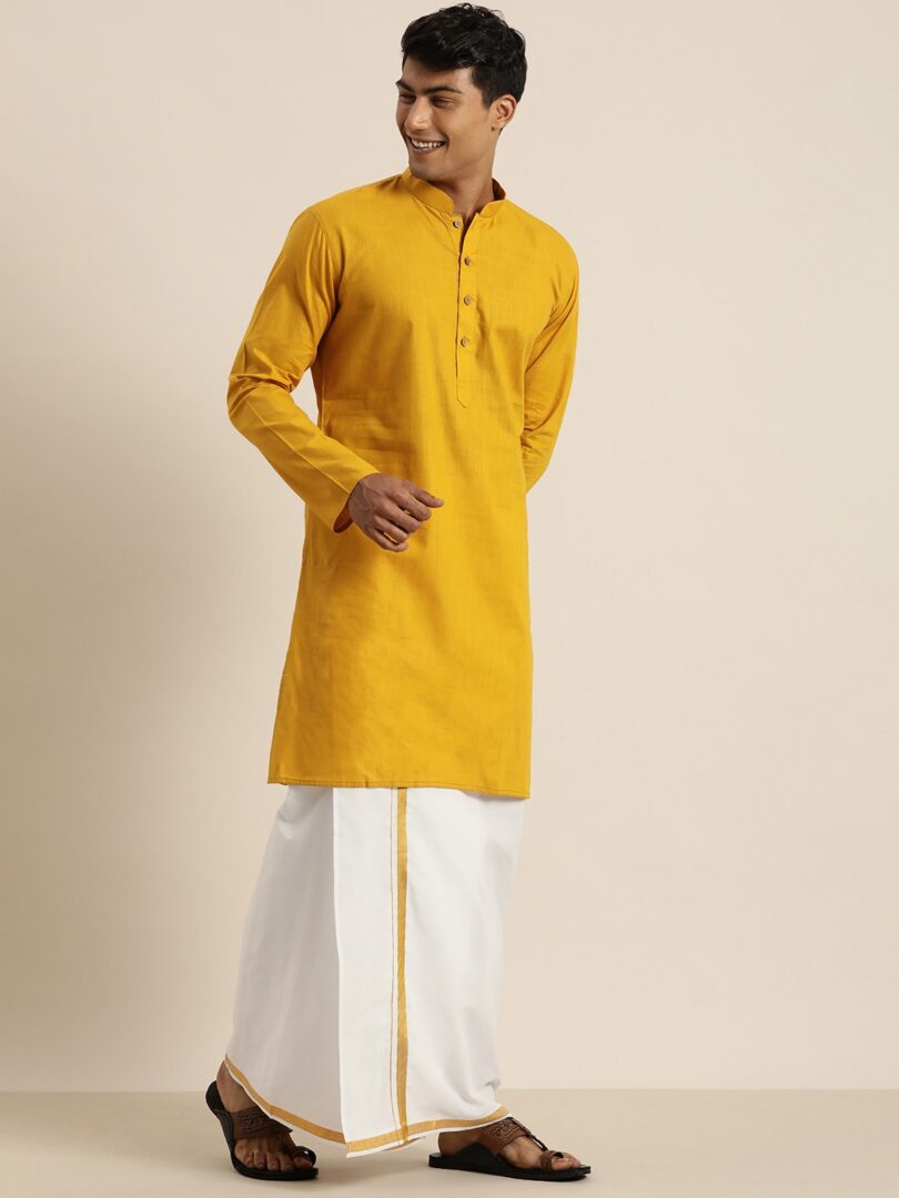 Men's Mustard and White Cotton Blend Kurta And Mundu Set