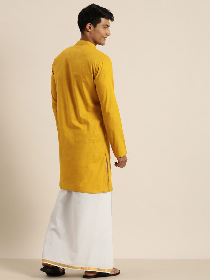 Men's Mustard and White Cotton Blend Kurta And Mundu Set