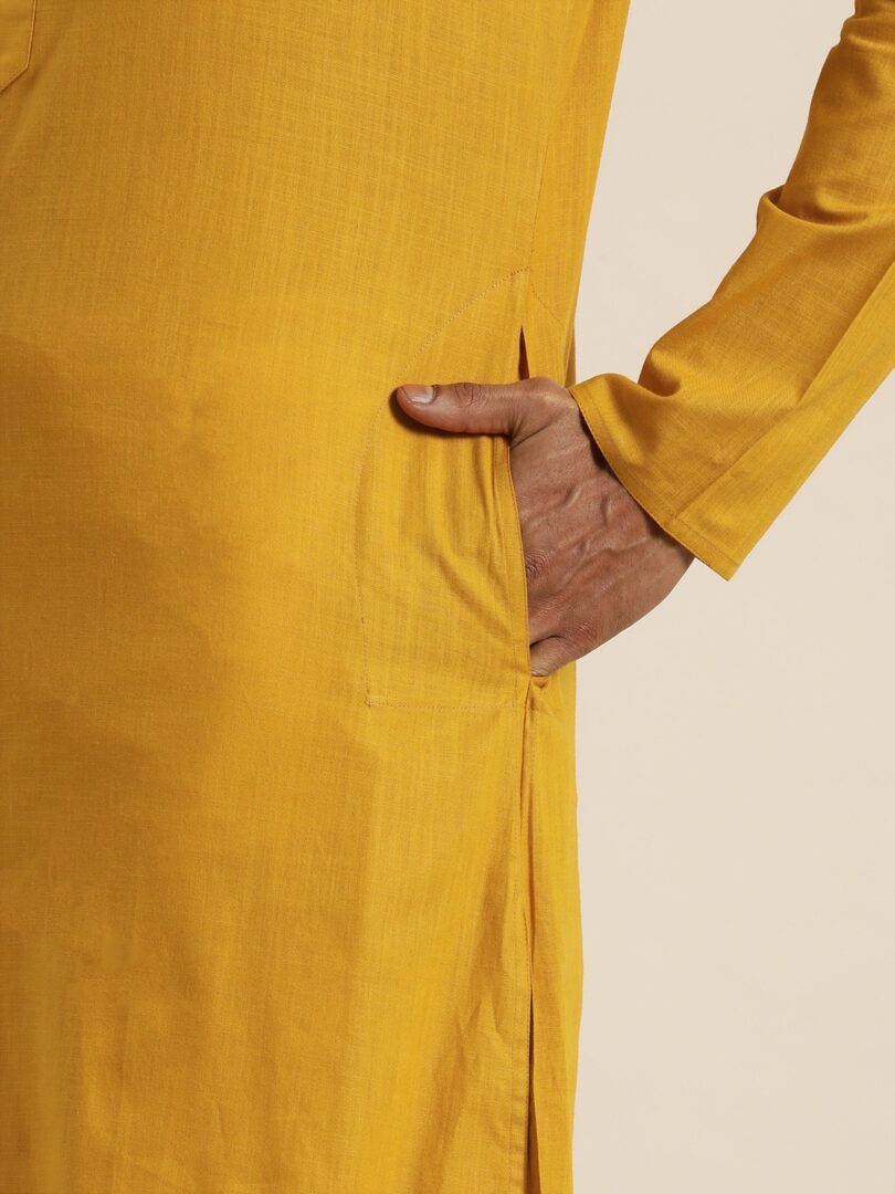 Men's Mustard and White Cotton Blend Kurta And Mundu Set