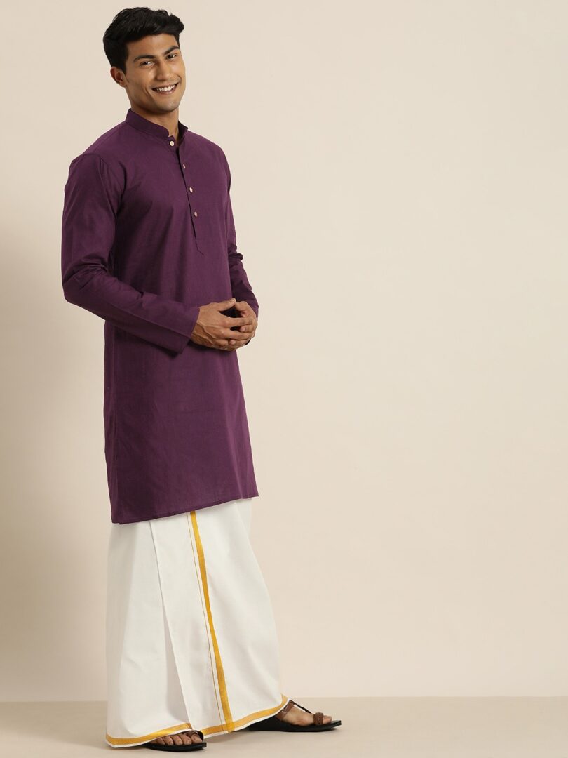 Men's Purple and White Cotton Blend Kurta And Mundu Set