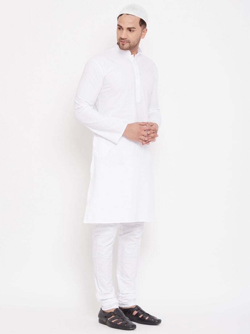 Men's White Cotton Blend Kurta Pyjama Set