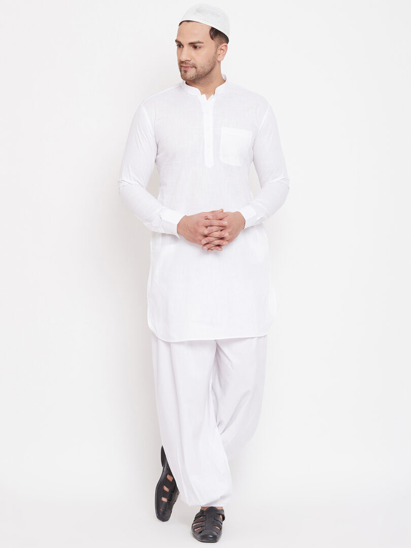 Men's White Cotton Linen Pathani Kurta Set