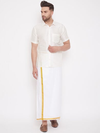 Men's Cream and White Silk Blend Shirt And Mundu