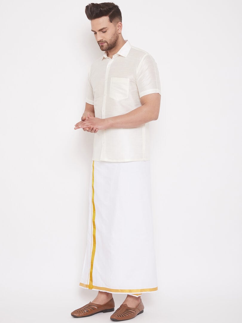 Men's Cream and White Silk Blend Shirt And Mundu