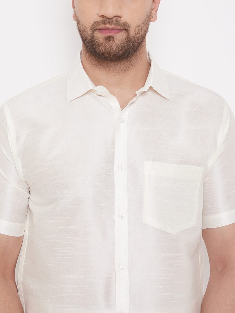 Men's Cream and White Silk Blend Shirt And Mundu