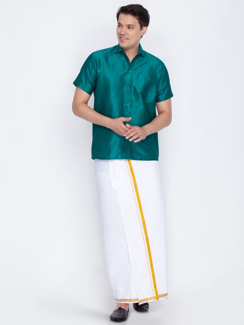 Men's Green and White Silk Blend Shirt And Mundu