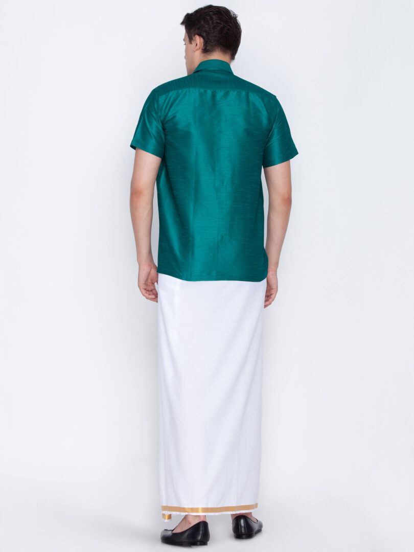 Men's Green and White Silk Blend Shirt And Mundu