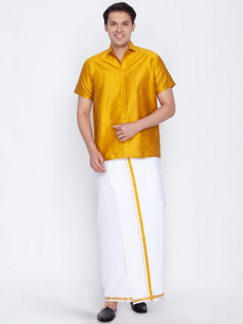 Men's Mustard Yellow and White Silk Blend Shirt And Mundu