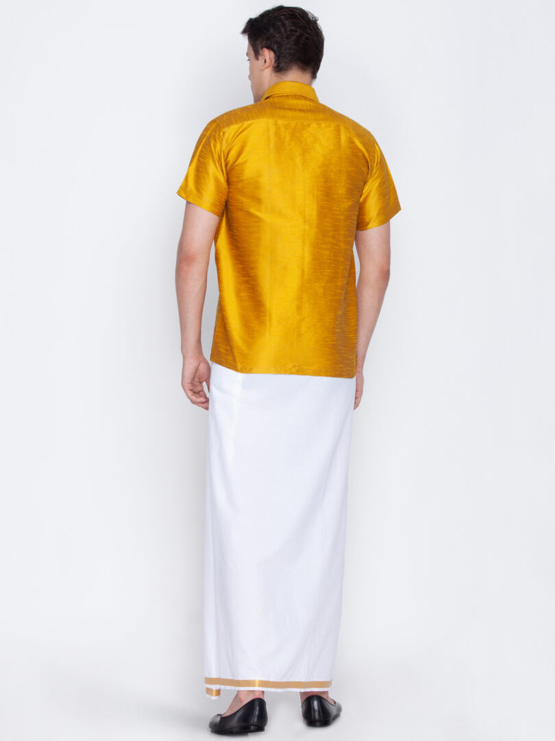 Men's Mustard Yellow and White Silk Blend Shirt And Mundu