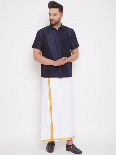 Men's Navy Blue and White Silk Blend Shirt And Mundu