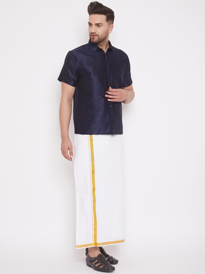 Men's Navy Blue and White Silk Blend Shirt And Mundu