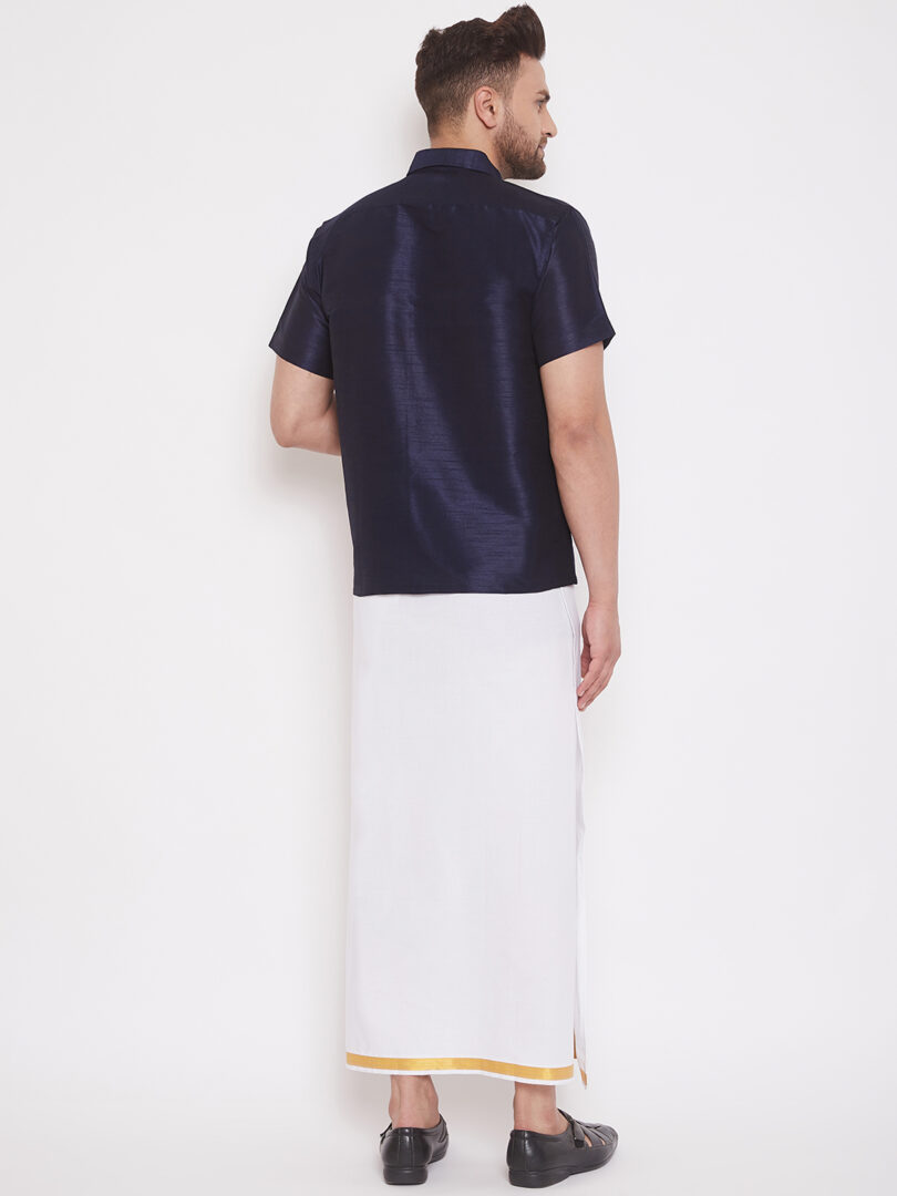 Men's Navy Blue and White Silk Blend Shirt And Mundu